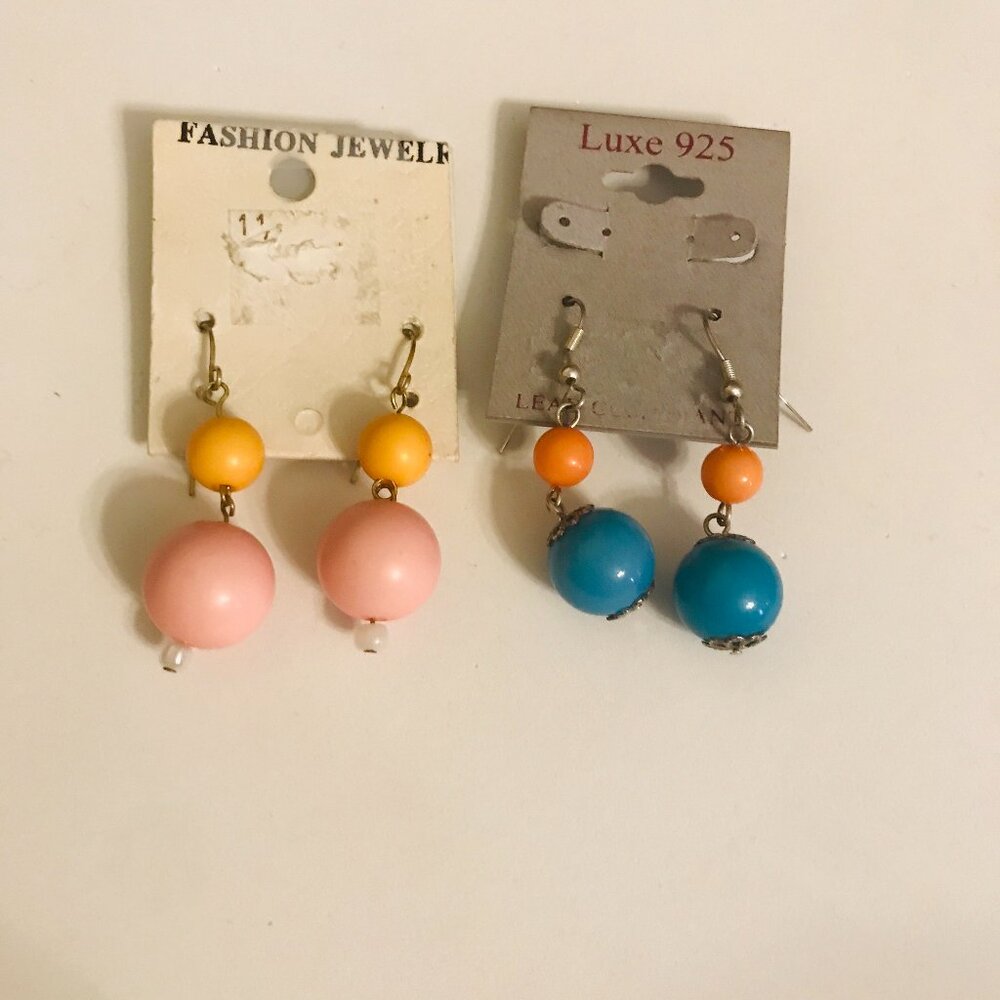 Orange Pink and Orange Blue Beaded Dangle Drop Earrings Silver-Tone Pierced